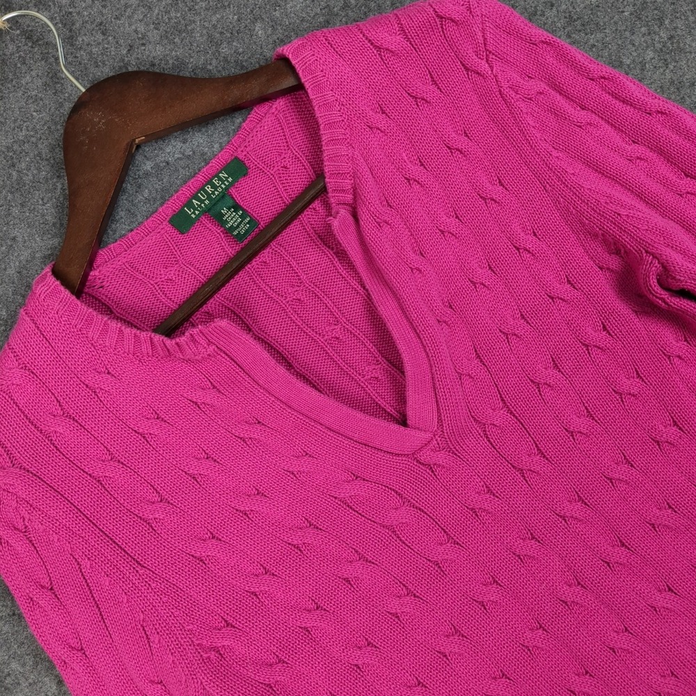 Ralph Lauren Pink Cotton Cable Knit Split V-Neck Sweater Womens Medium